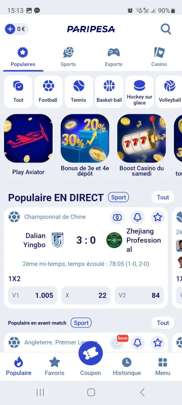 Vue de l'accueil Paripesa une fois connecté
