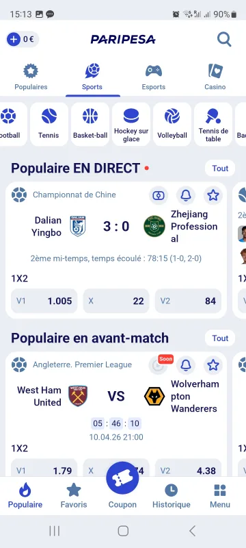 Vue de l'interface mobile de Paripesa